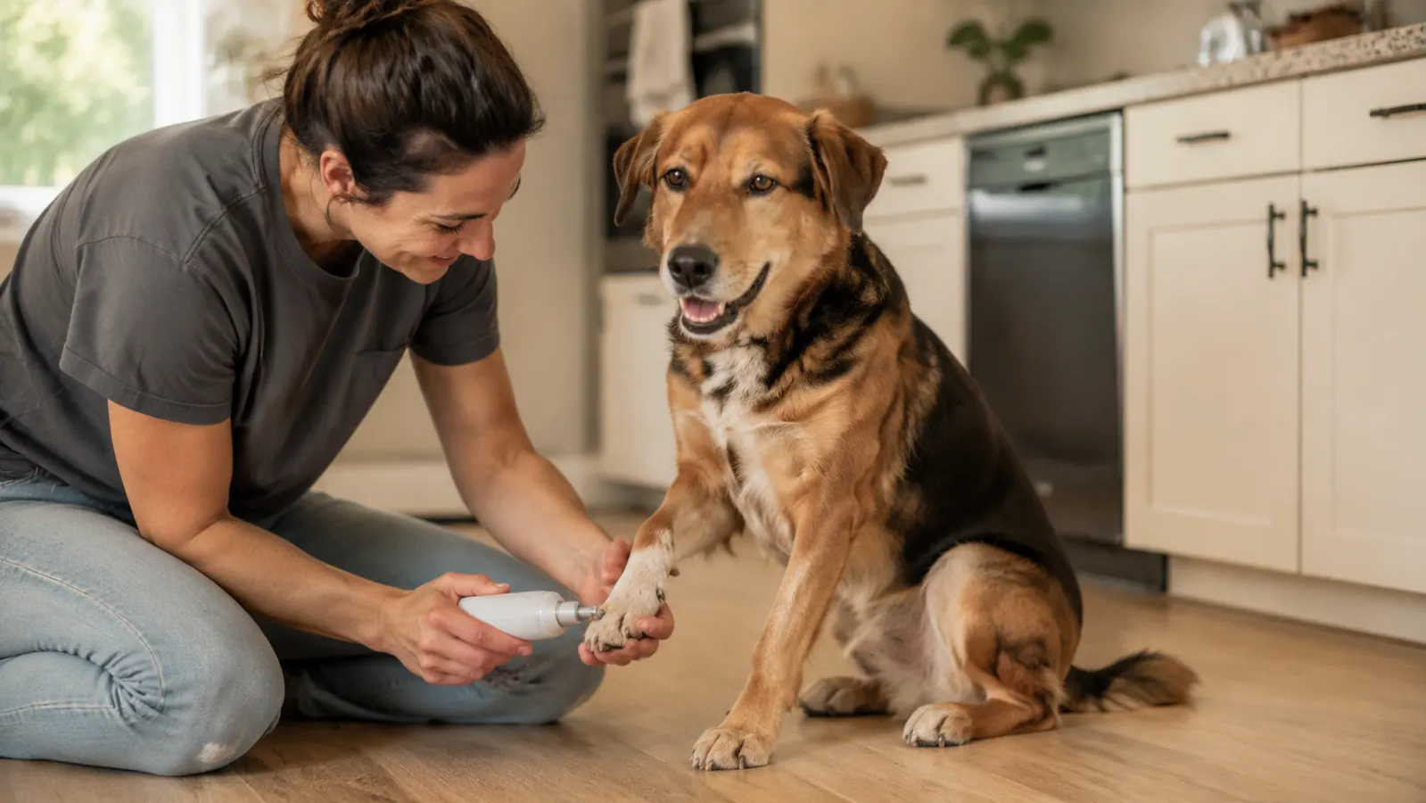 A calm dog sitting on a kitchen floor while its owner holds a quiet electric nail grinder near its paw