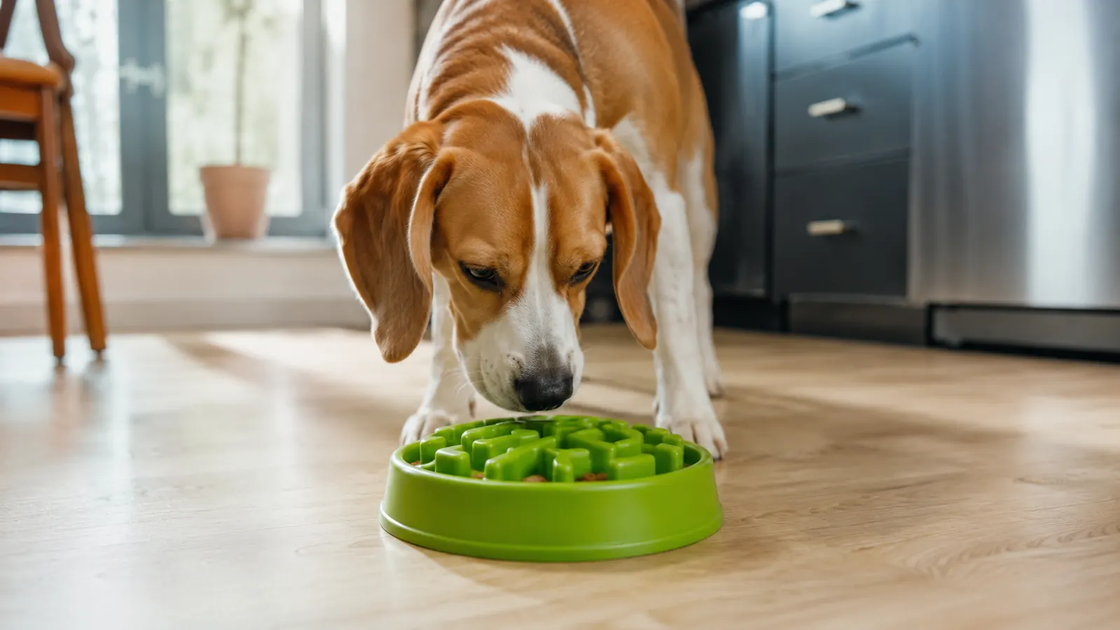Beagle standing over a colorful maze-pattern slow feeder bowl on a kitchen floor, sniffing before eating