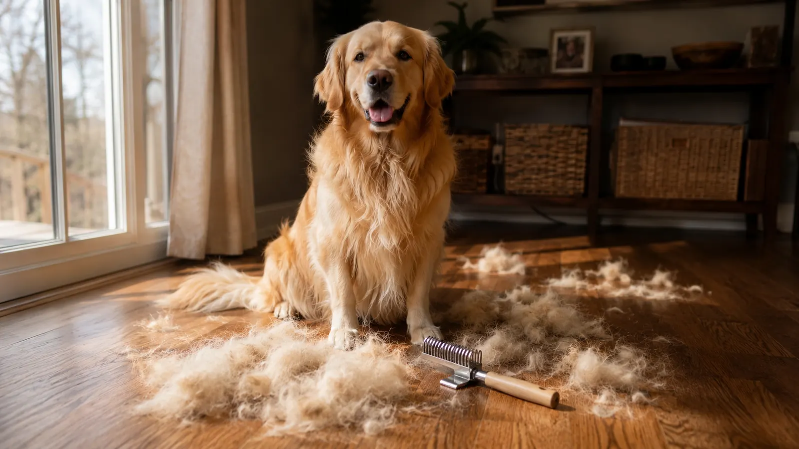 Golden Retriever sitting on a hardwood floor surrounded by tufts of loose fur near a grooming rake