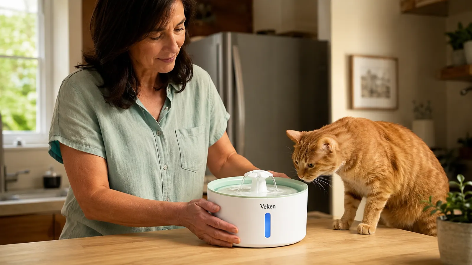 Hand placing the Veken pet fountain on a kitchen counter next to a curious orange cat
