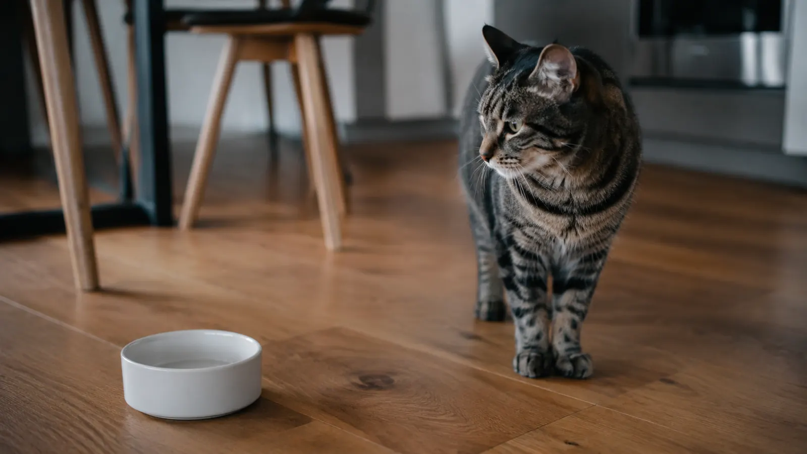 Tabby cat sitting next to an empty water bowl, looking away with half-closed eyes