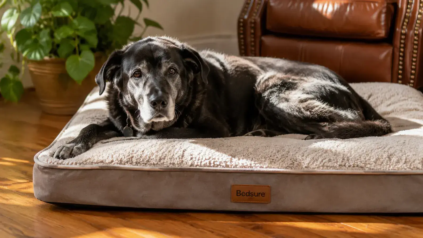 Senior mixed-breed dog resting comfortably on a thick memory foam dog bed in a warm living room