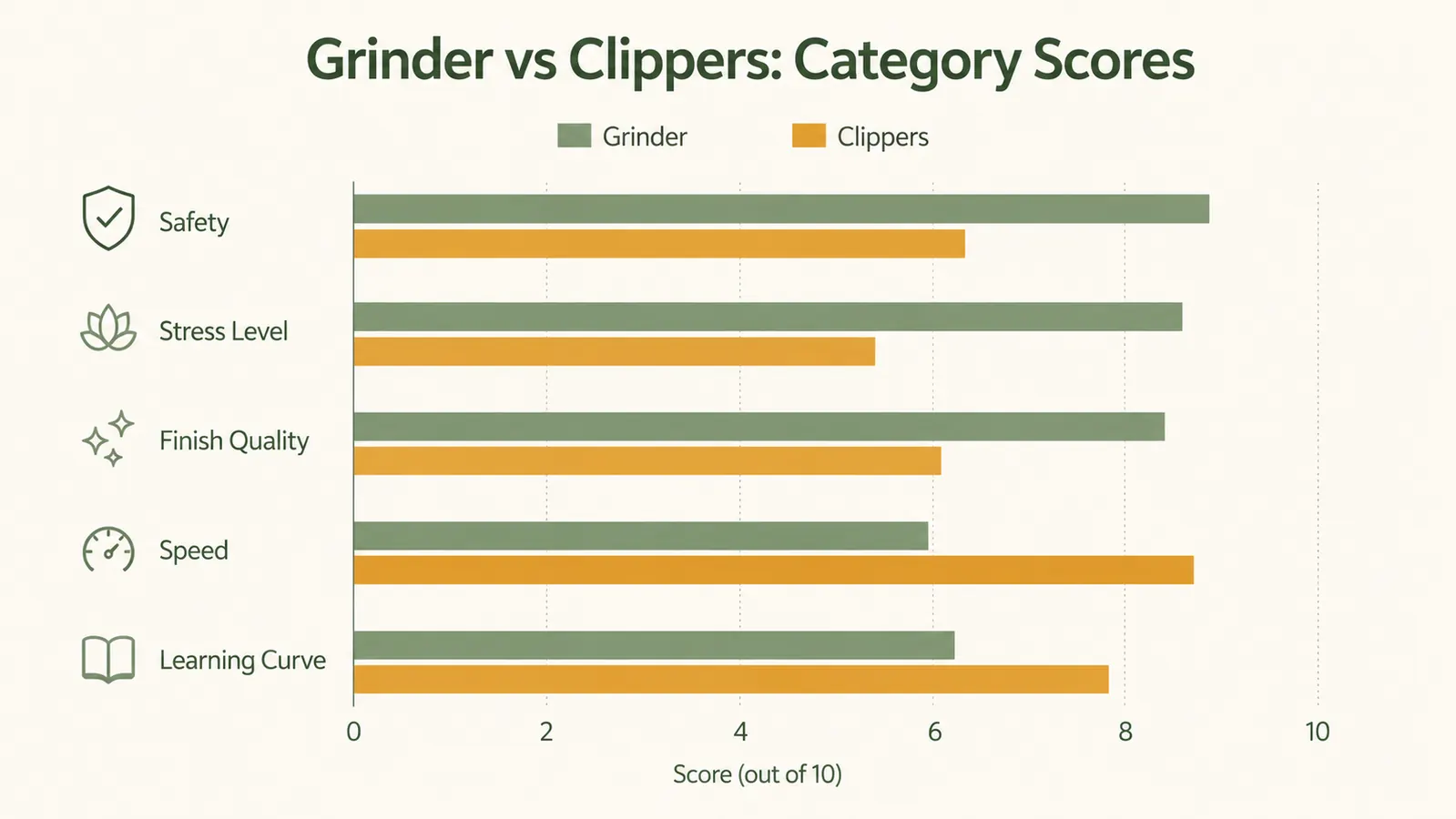 Chart comparing nail grinder versus nail clippers across five categories: safety, stress, finish quality, speed, and learning curve