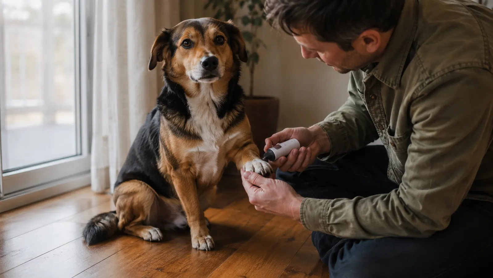 Dog sitting calmly on a wood floor while owner uses an electric nail grinder on front paw