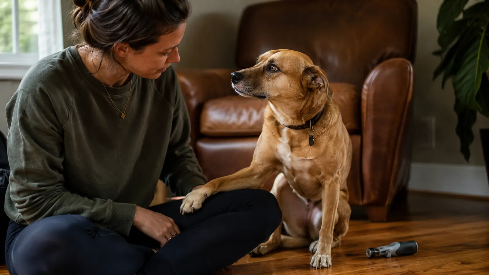 A calm mixed-breed dog resting its paw on a person's knee while a nail grinder sits nearby on a wooden floor