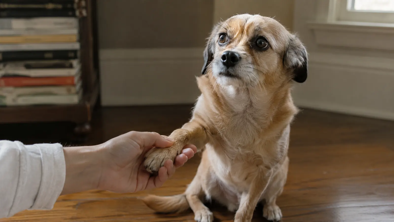 Small mixed-breed dog sitting calmly on a hardwood floor while owner holds her paw near a nail grinder