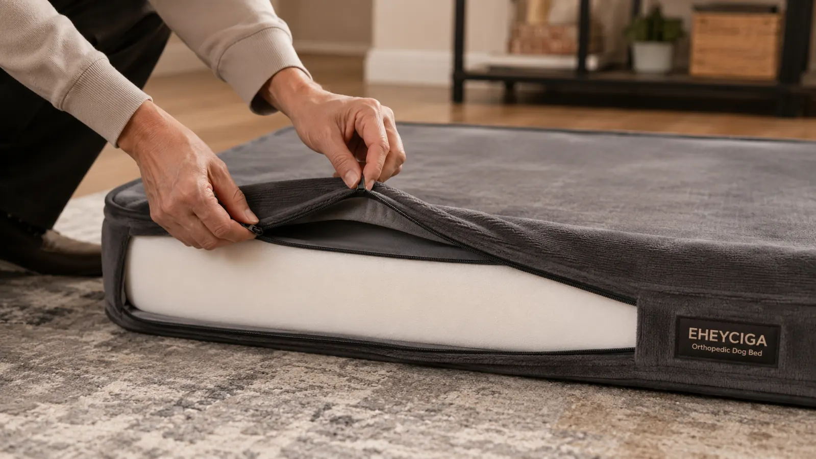 EHEYCIGA orthopedic dog bed with removable cover partially unzipped showing thick memory foam layer
