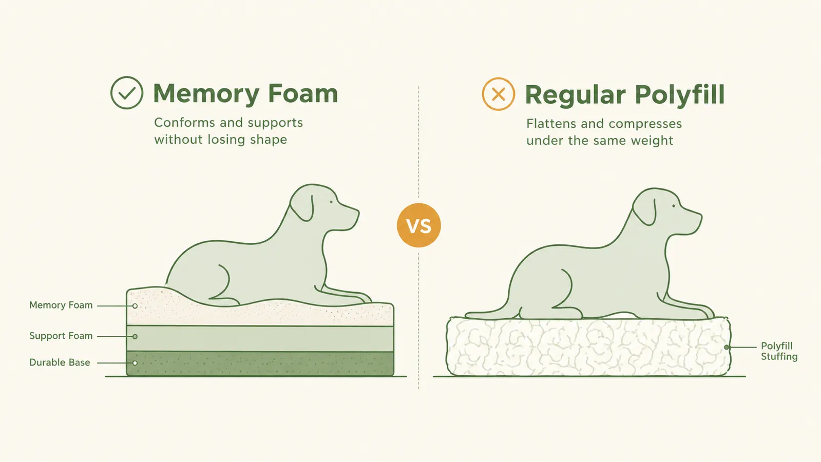 Side-by-side cross-section diagram comparing thick memory foam support versus thin polyfill compression under dog weight