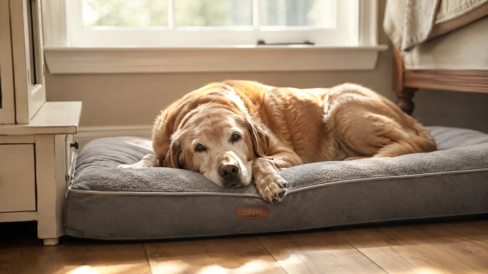 Large senior dog resting on a thick memory foam orthopedic bed in a sunny living room