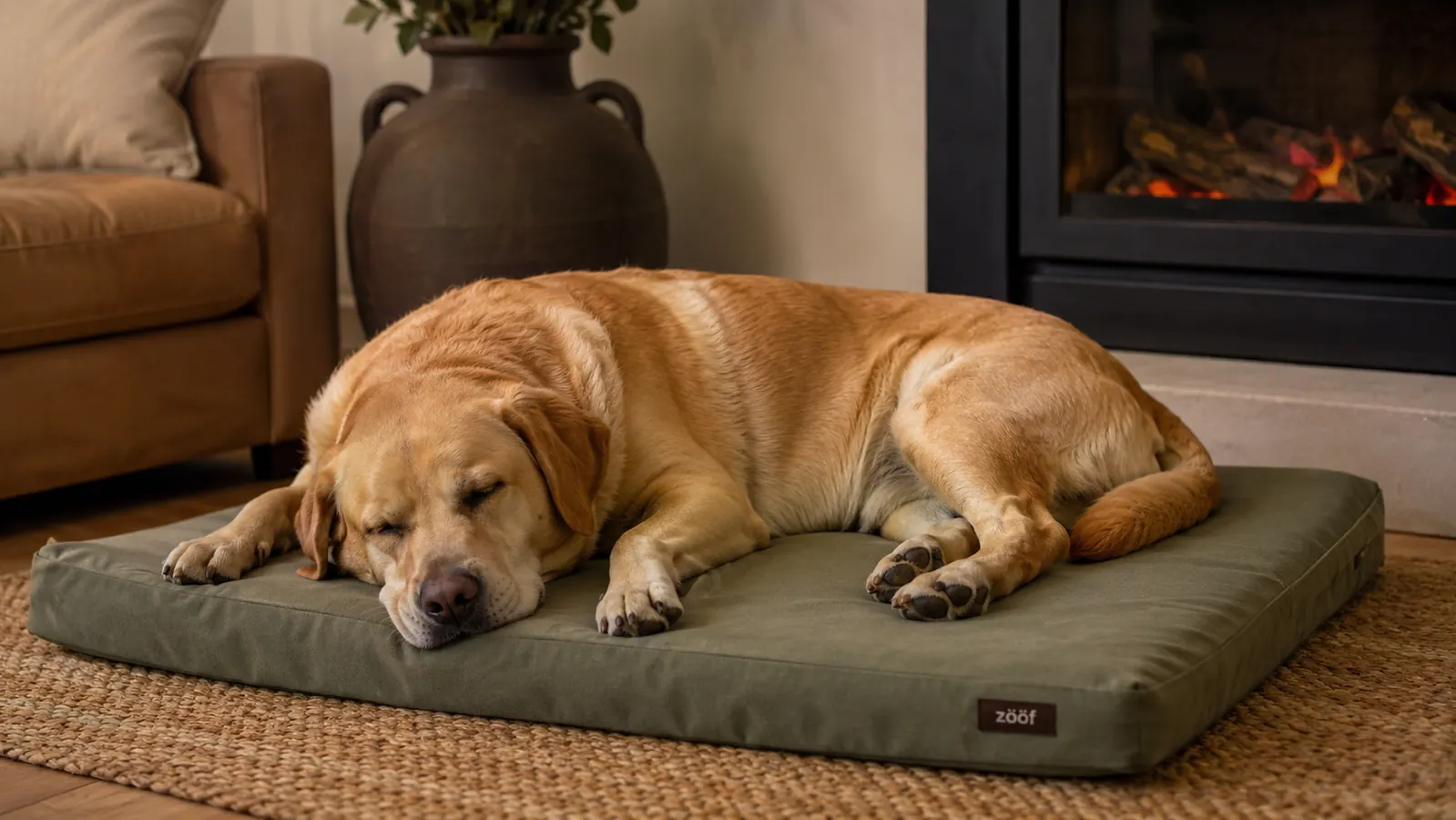 Large tan Lab lying stretched out on a sage-green memory foam dog bed in a living room