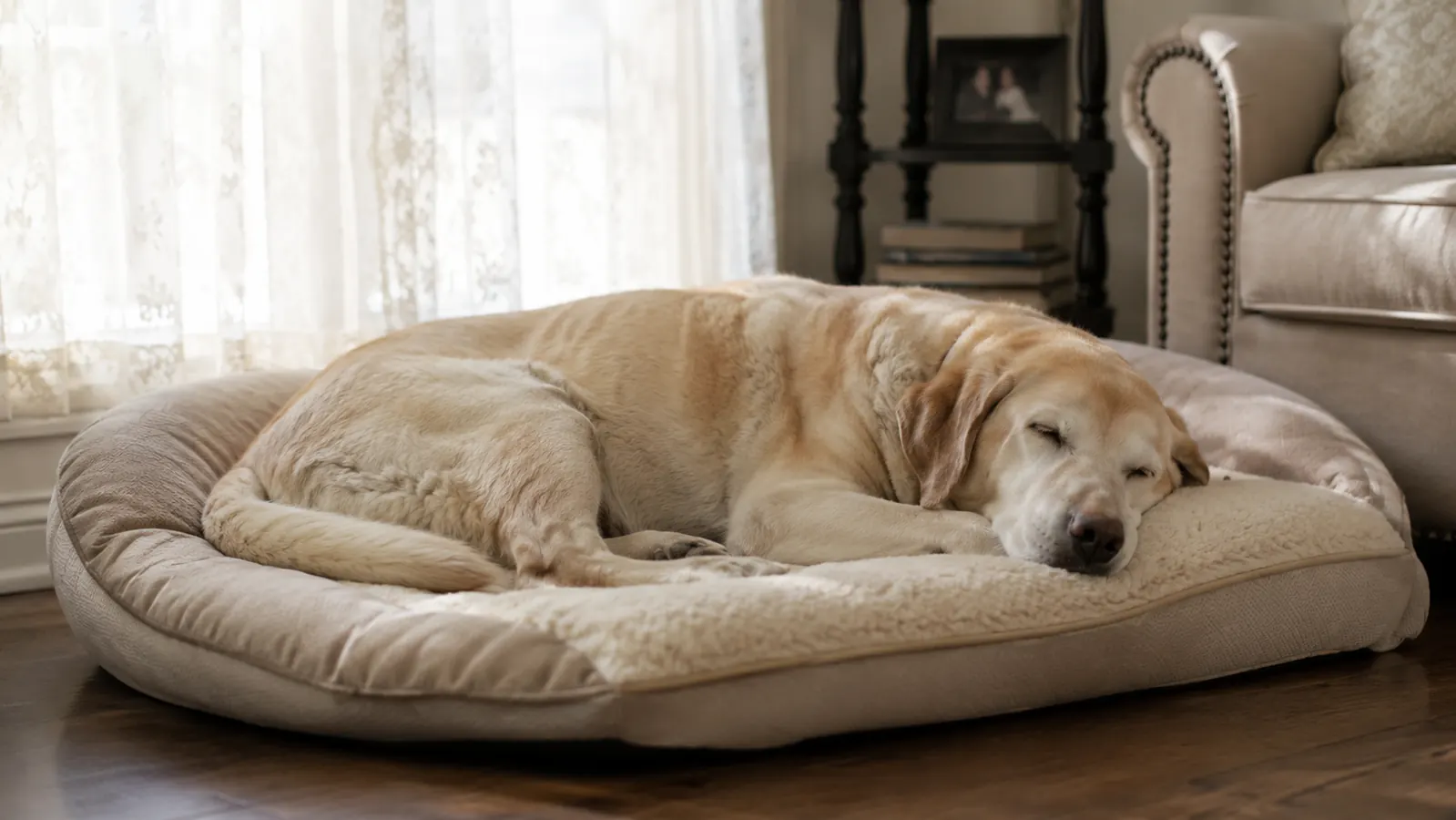 Senior yellow Labrador resting peacefully on a large memory foam dog bed in a warm living room with morning light coming through the window