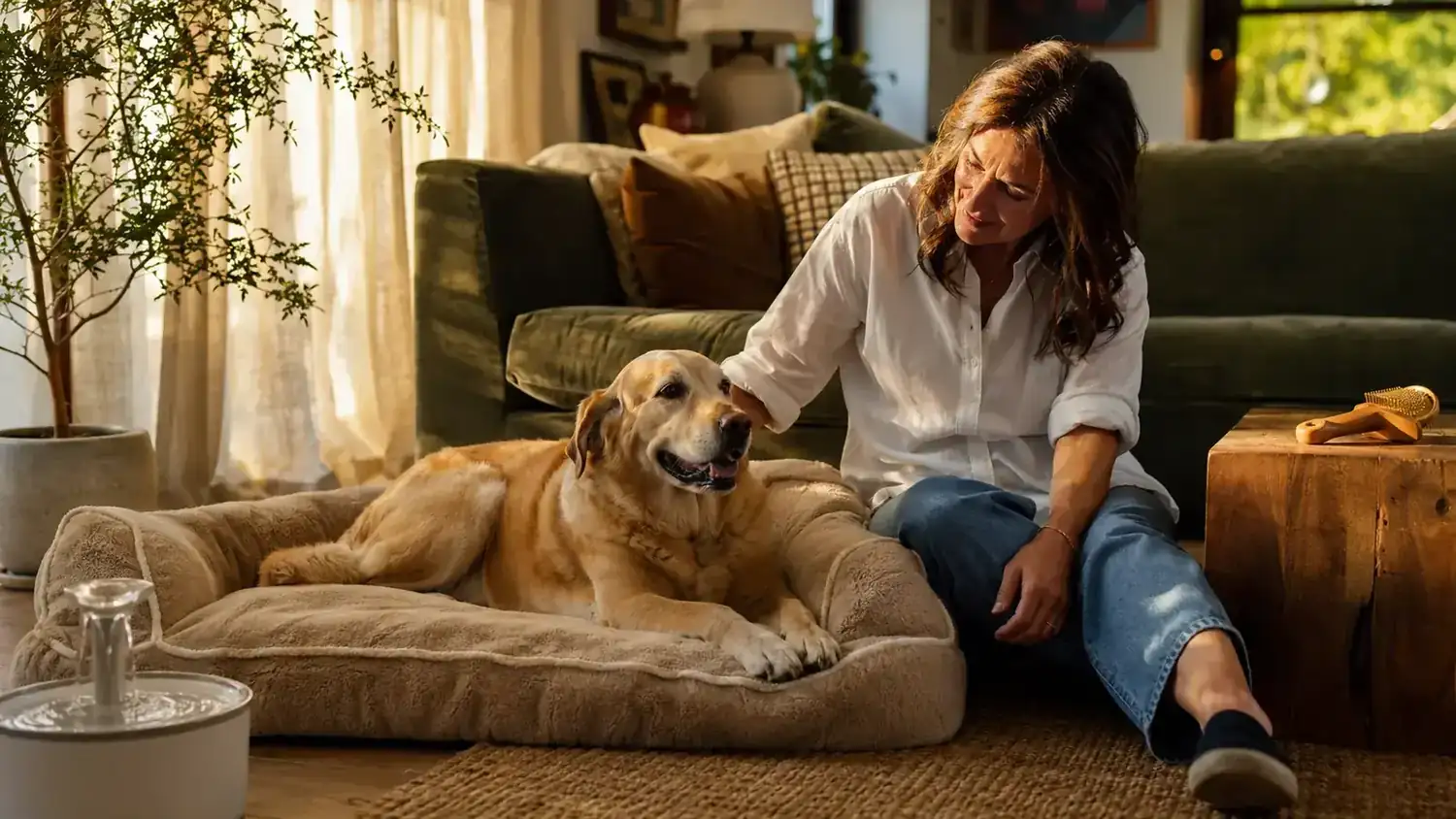 A dog owner sitting on the floor with a happy senior dog, warm afternoon light, lived-in living room