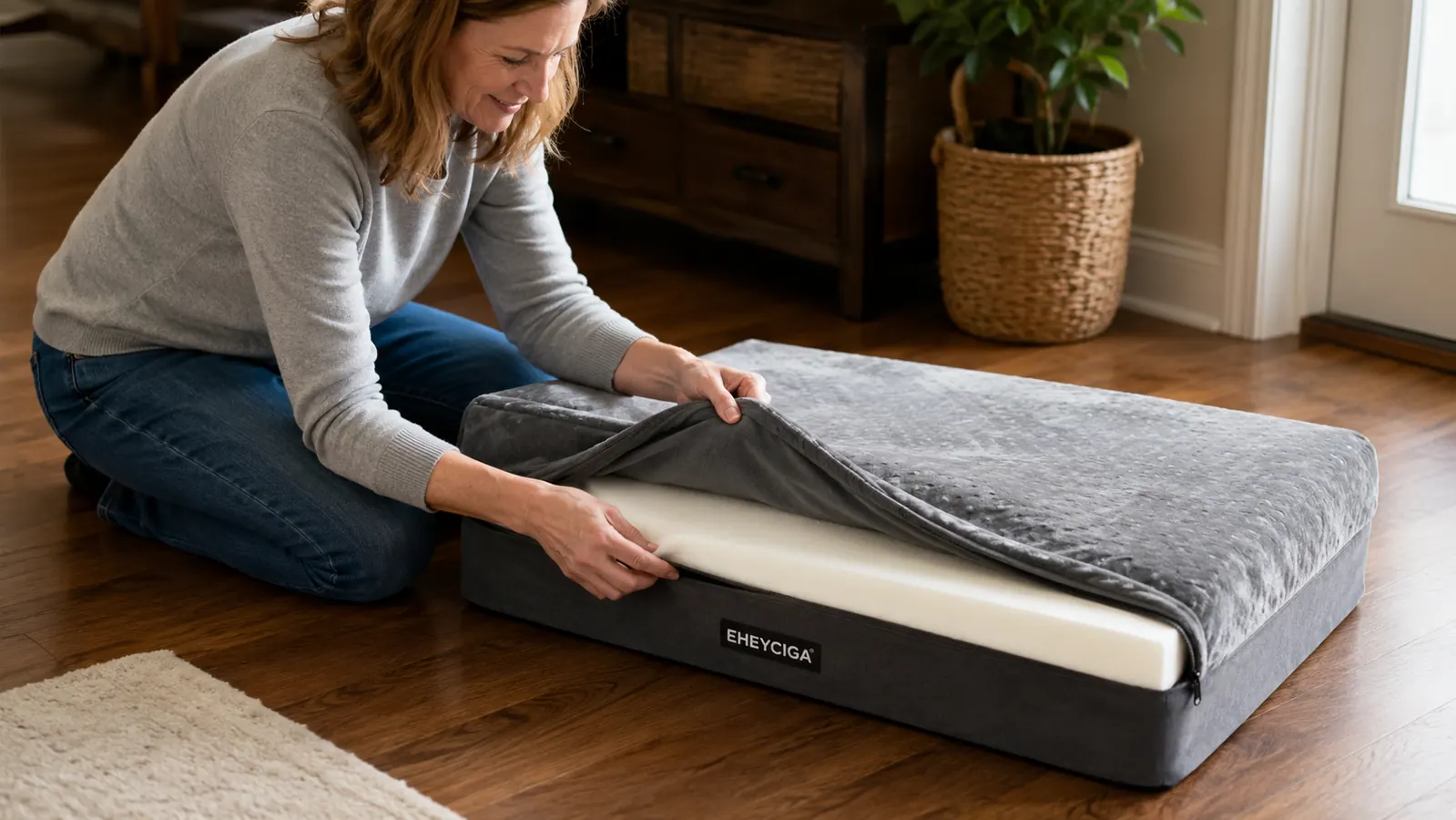 Large dog bed with waterproof memory foam base and removable gray cover sitting on hardwood floor