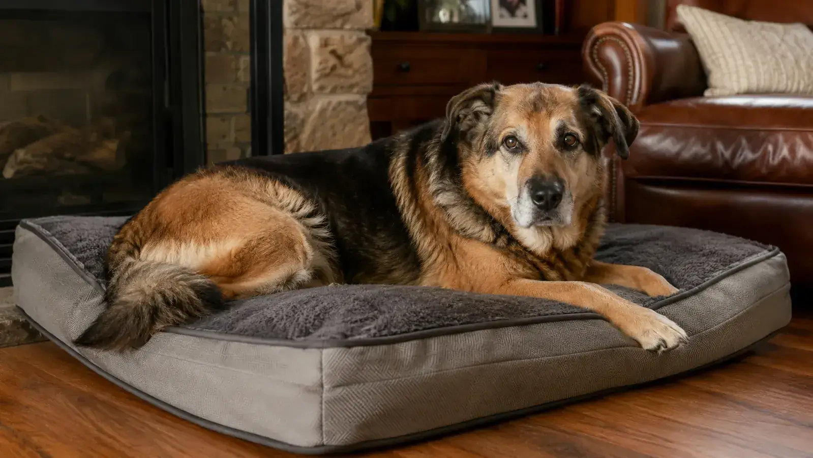 Senior German shepherd mix resting on a thick memory foam dog bed in a living room, morning light coming through a window
