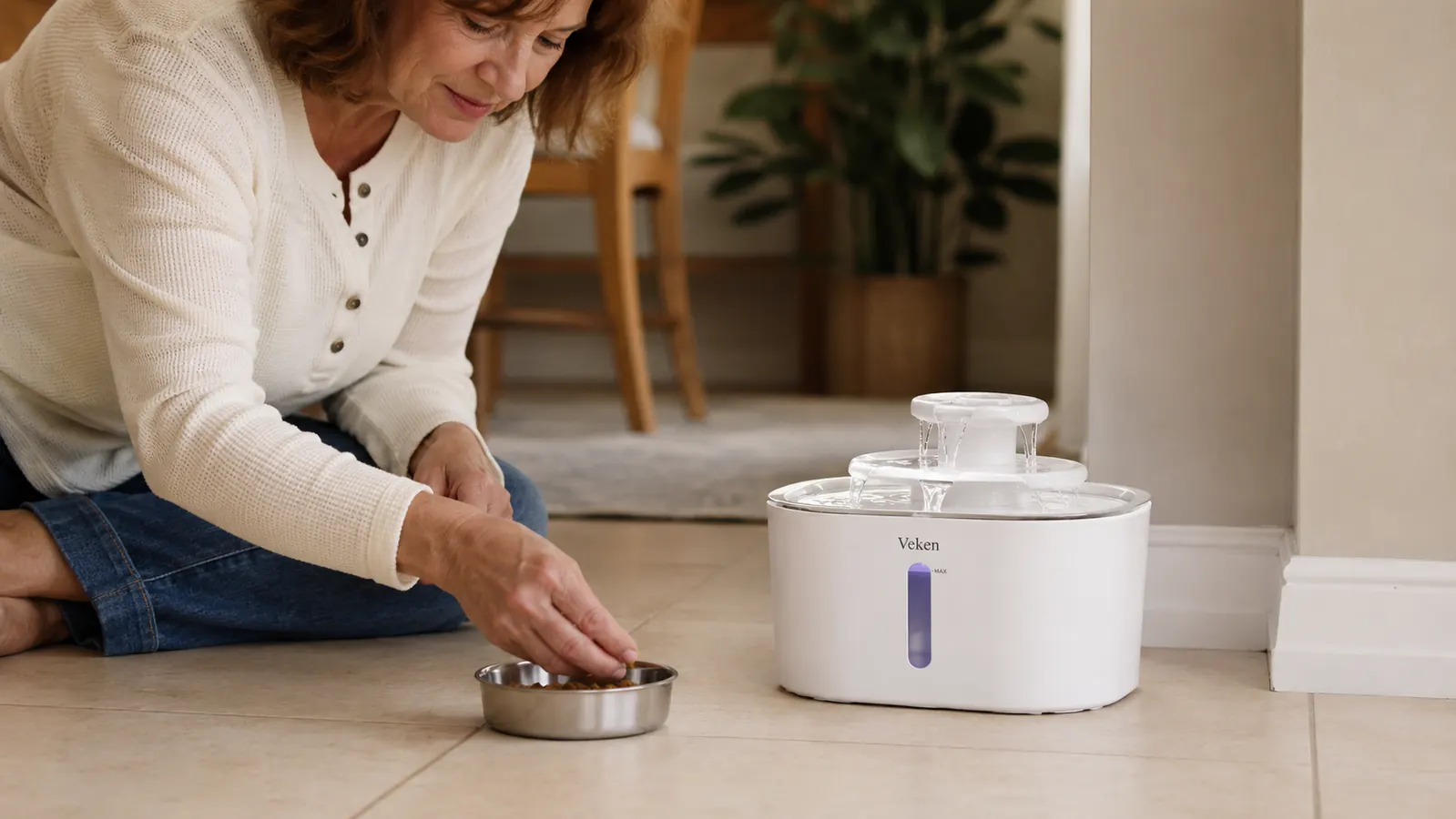 Veken 95oz pet fountain sitting on a tile floor next to a food bowl