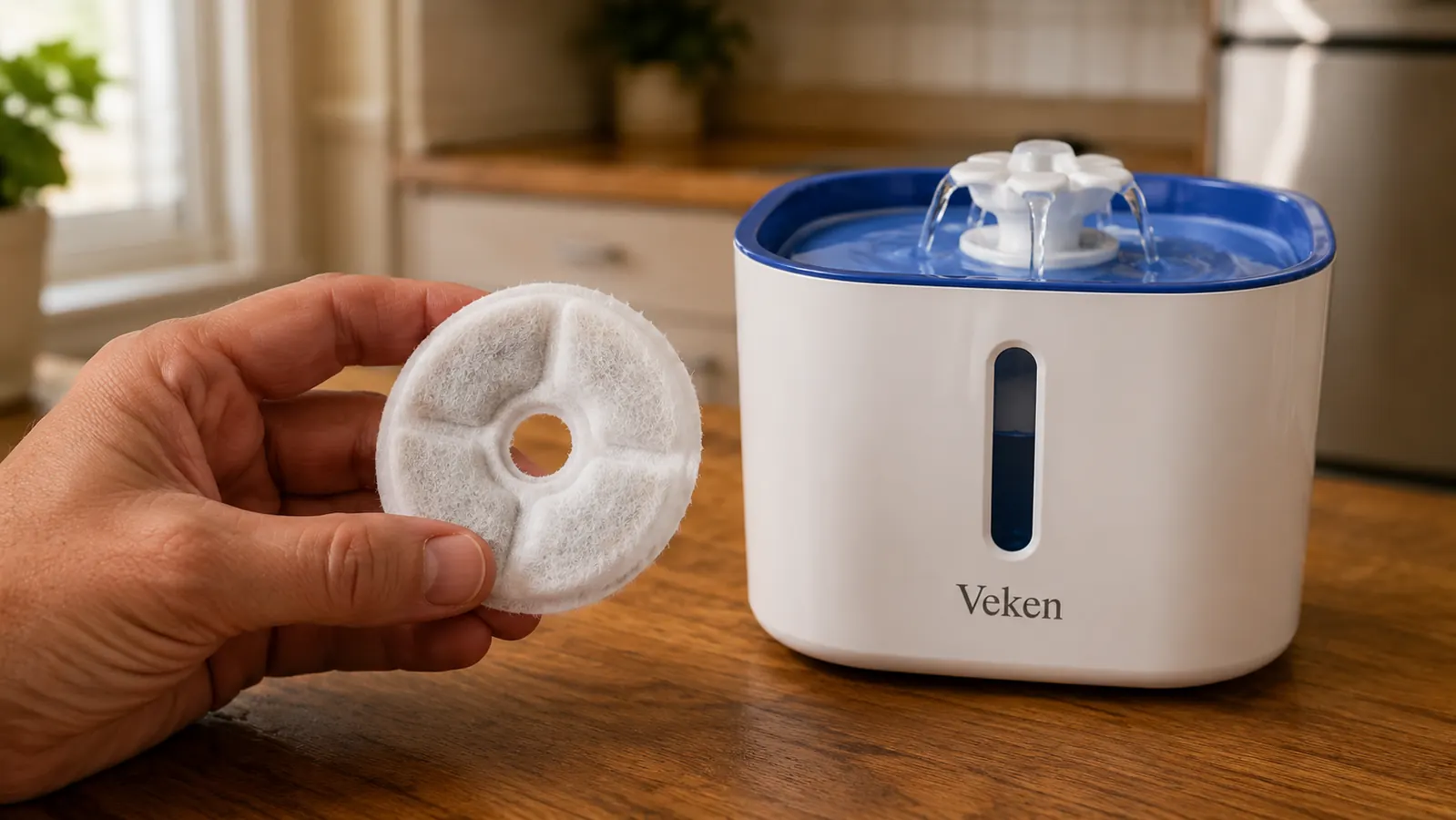 Close-up of a replacement carbon filter next to the Veken fountain