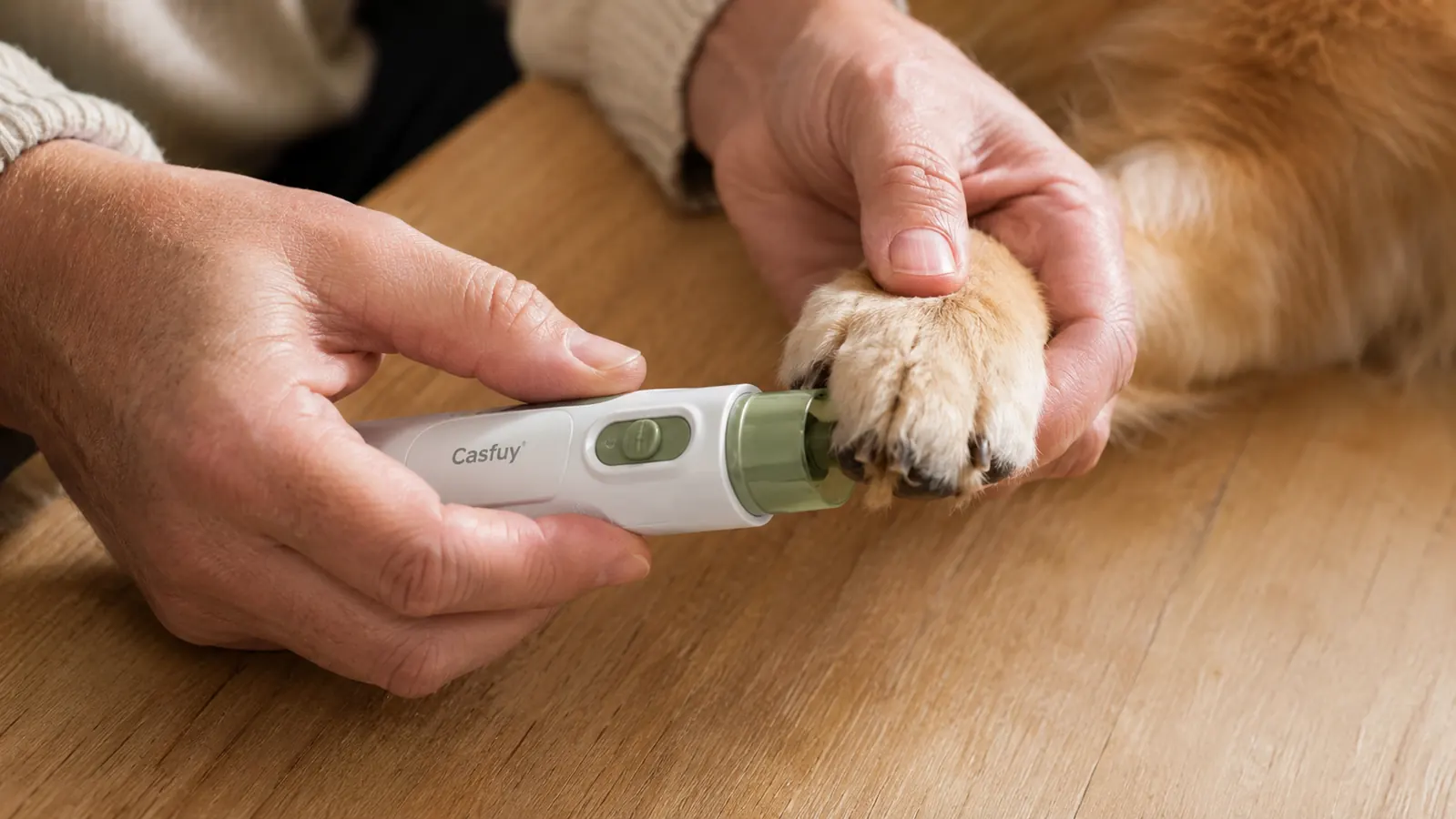 Close-up of the Casfuy nail grinder being held next to a dog's front paw on a wood surface