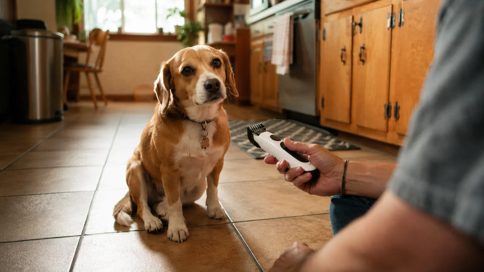 Small beagle mix sitting calmly on a kitchen floor while owner holds a nail grinder nearby