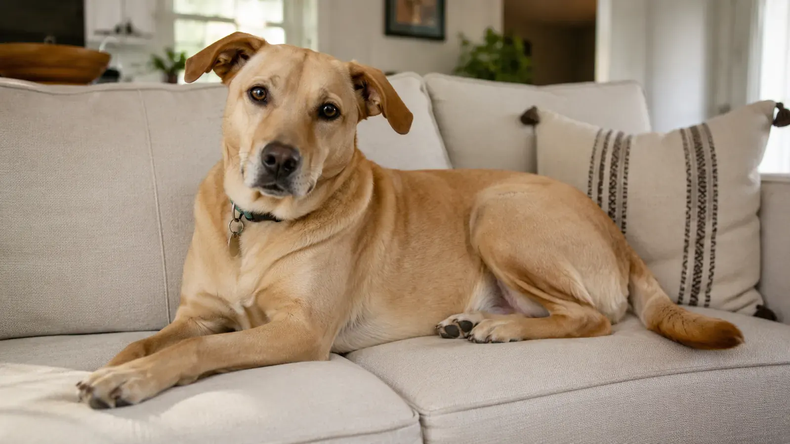 Golden-colored Lab mix resting on a clean beige couch with no visible dog hair