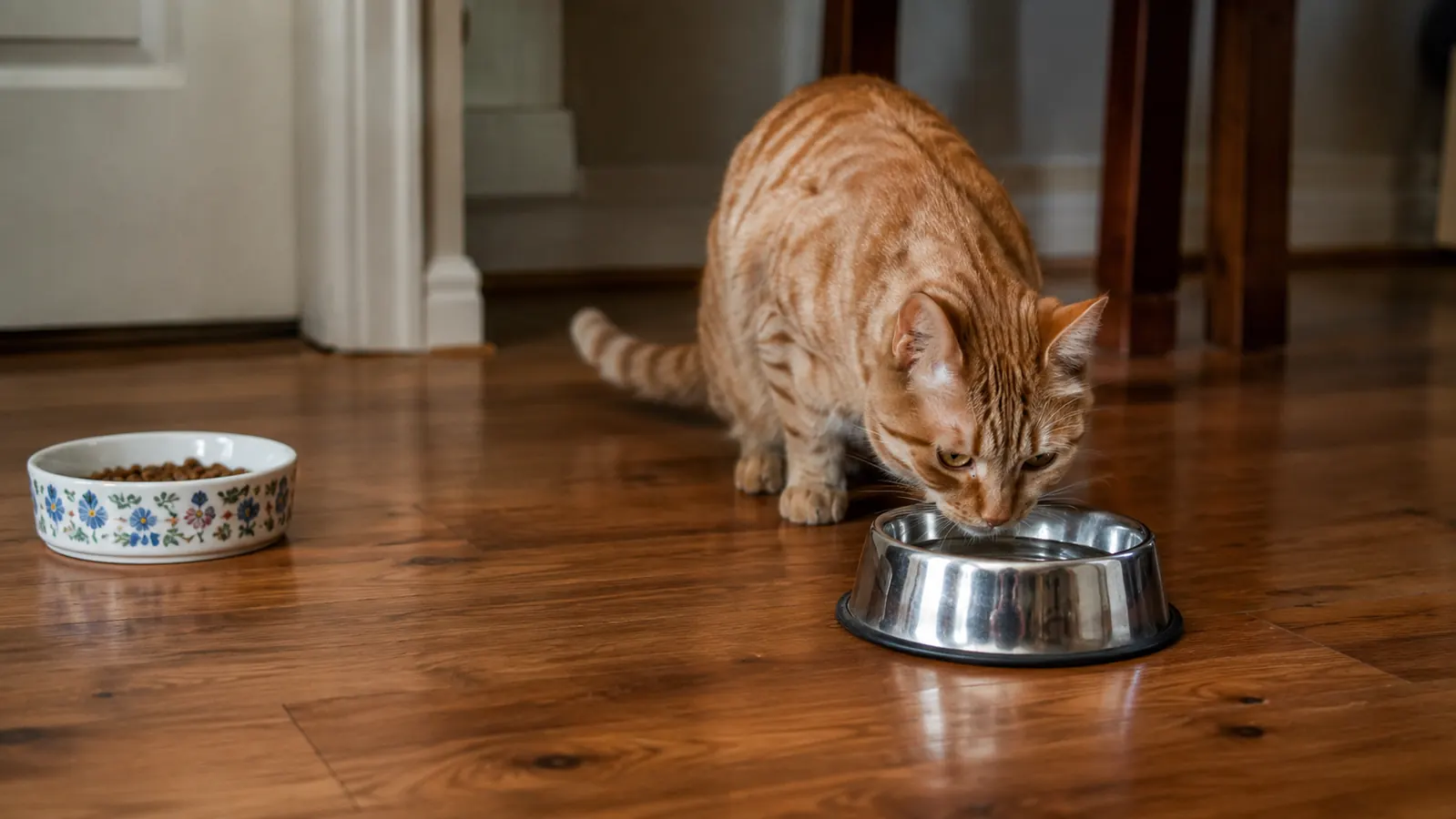 A cat sniffing a water bowl placed away from its food dish on a hardwood floor
