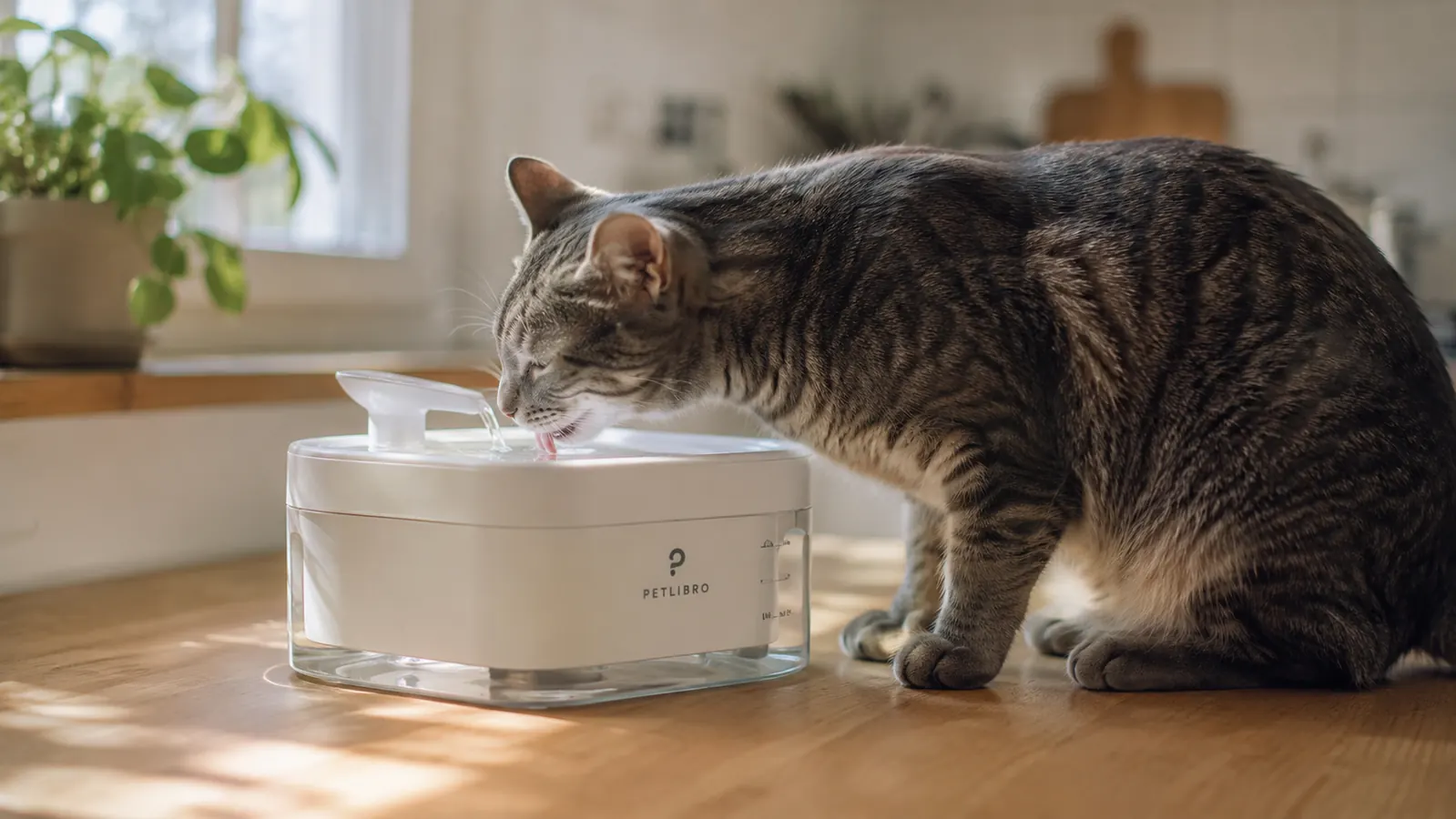 A gray tabby cat drinking from a flowing pet fountain on a kitchen counter