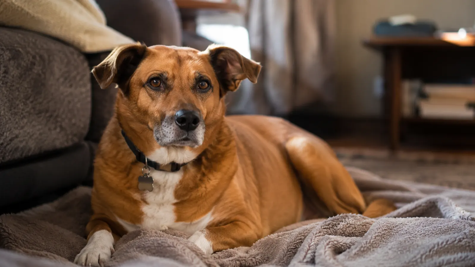 Dog relaxing peacefully after a nail trim session, looking comfortable on a blanket