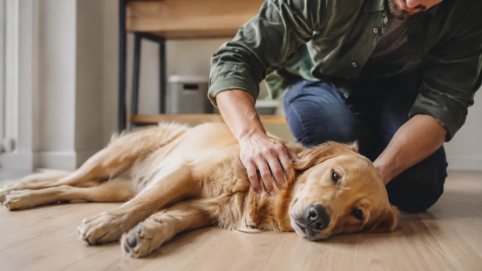 Person calmly holding a small dog's paw while a quiet nail grinder rests nearby on a wooden floor