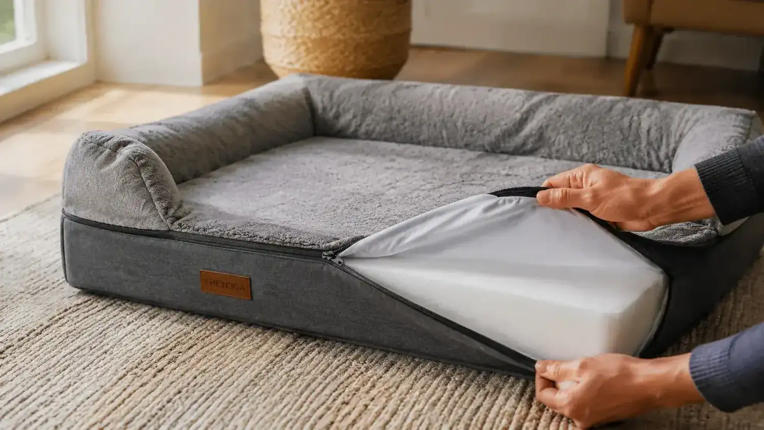 Close-up of a removable waterproof dog bed cover being unzipped and lifted off a foam core