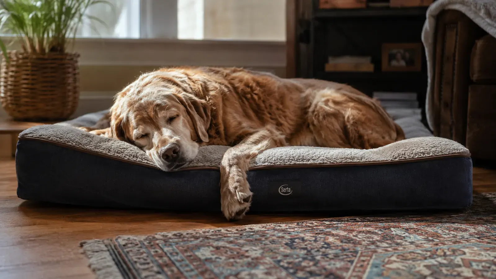 Large senior dog sleeping on a thick memory foam orthopedic dog bed in a bright living room