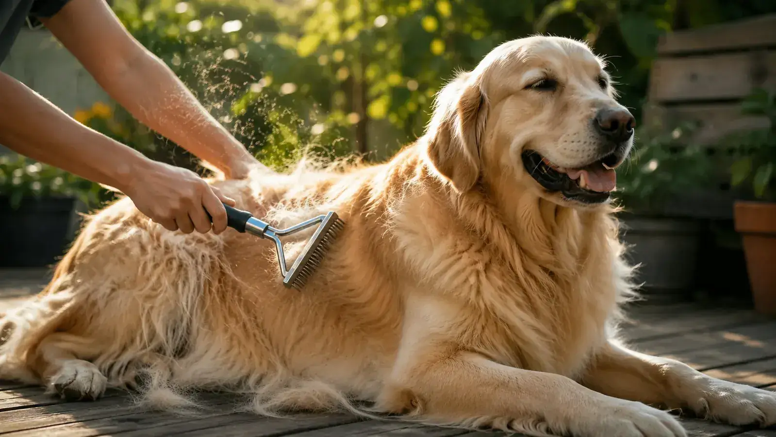 Golden Retriever sitting calmly on a back porch while owner brushes its coat with a grooming rake on a sunny morning