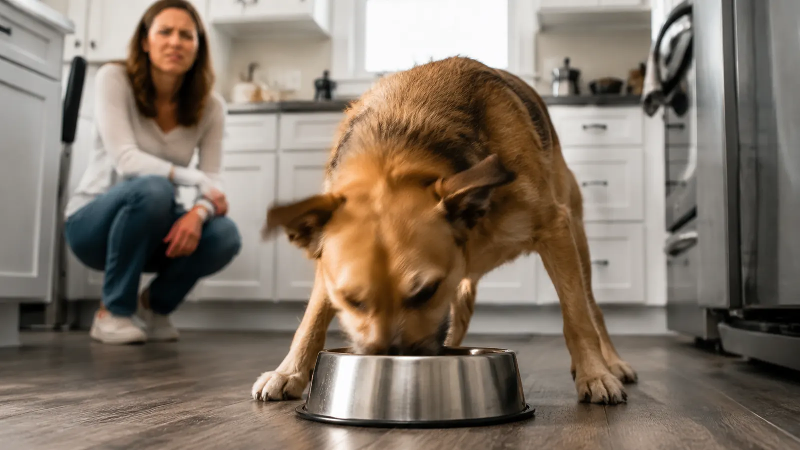 Large mixed-breed dog eating eagerly from a bowl on a kitchen floor