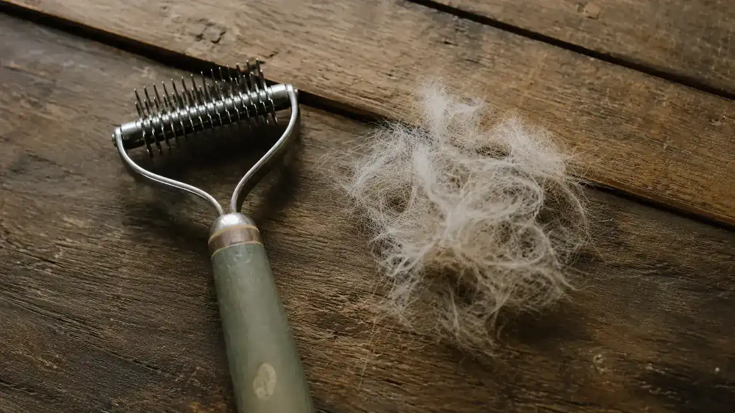 Maxpower Planet grooming rake resting on a wooden surface beside a pile of loose dog fur from a grooming session