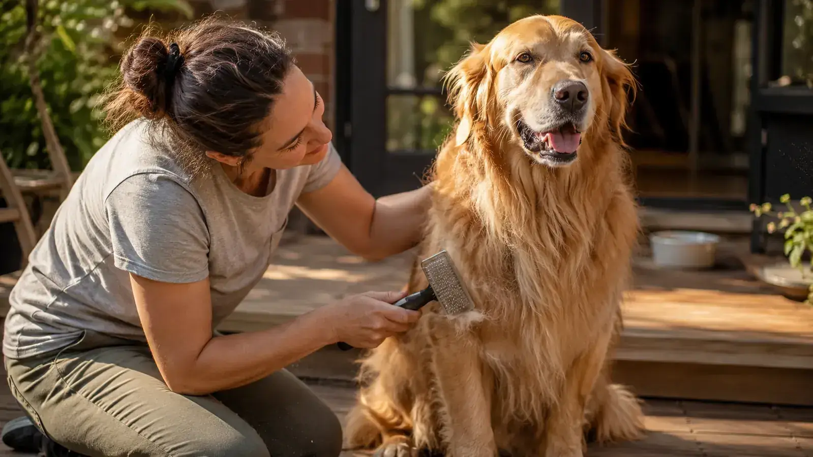 A fluffy golden retriever sitting calmly on a wooden porch while its owner holds a grooming rake, loose golden fur visible in morning light