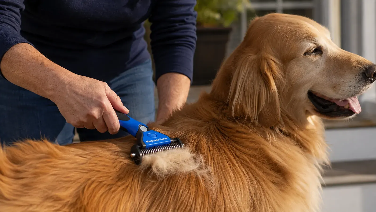 Hand using the Maxpower Planet grooming rake on a Golden Retriever's back