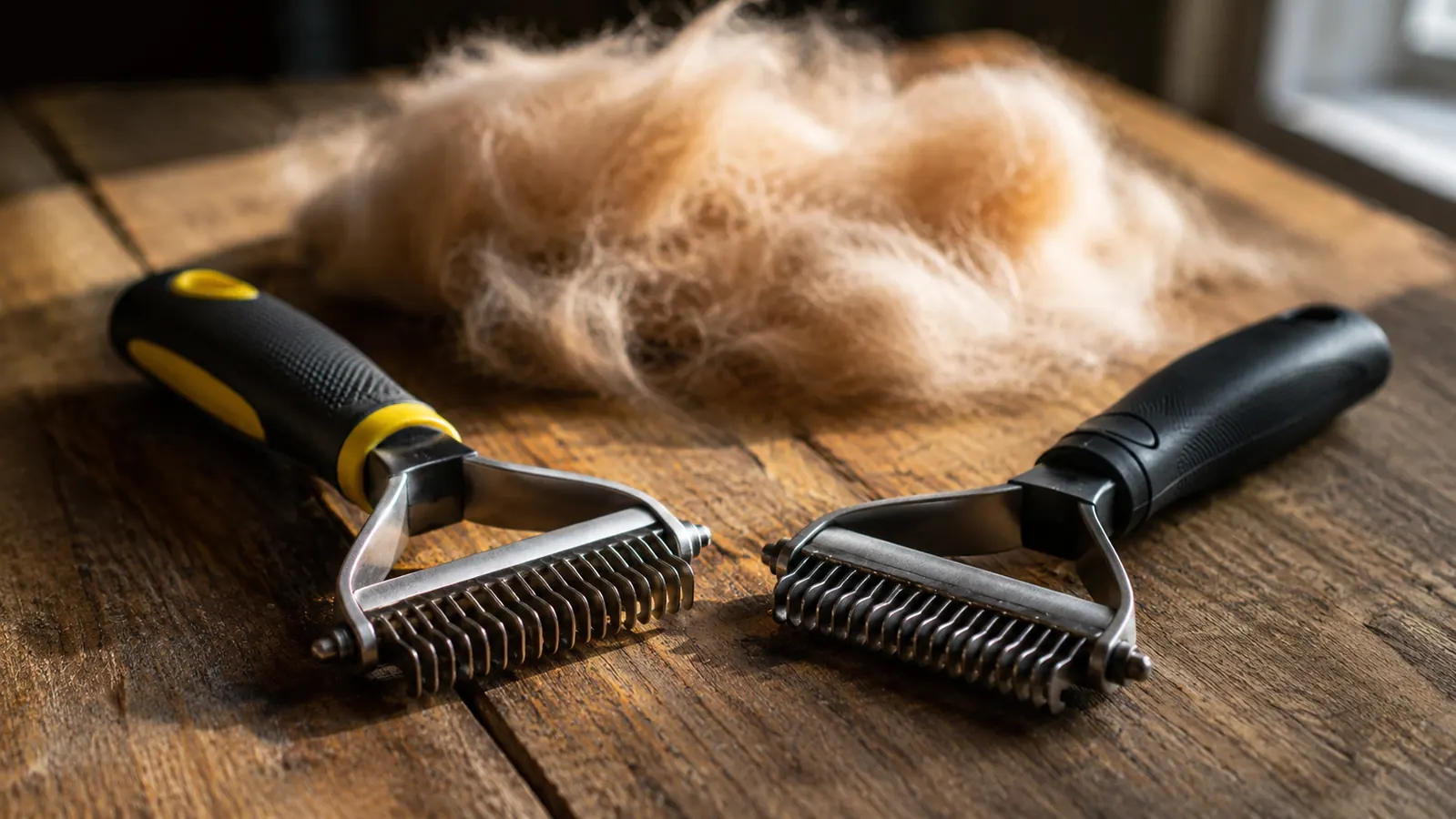 Two deshedding grooming tools side by side on a wooden surface with dog fur in the background