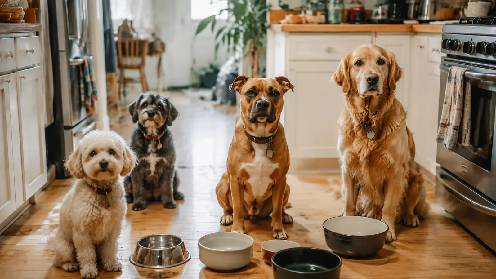 Four different sized dogs sitting near food bowls on a kitchen floor