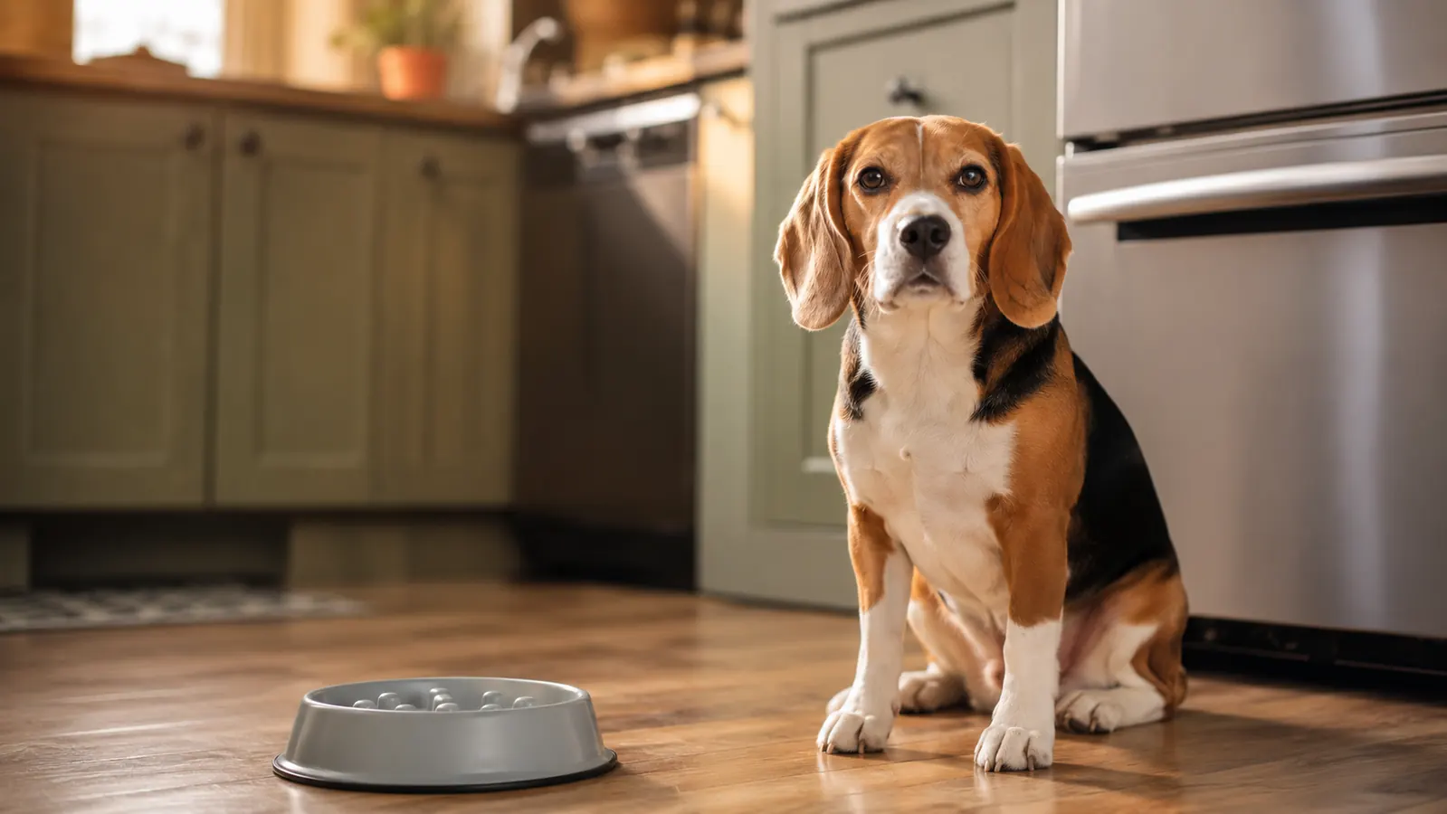 Beagle looking up calmly after finishing a meal from a slow feeder bowl, relaxed posture with no panting