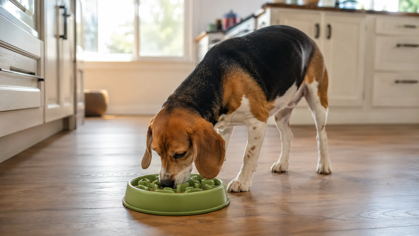 Beagle eating from a green Outward Hound Fun Feeder slow bowl on a kitchen floor, kibble tucked into the maze ridges
