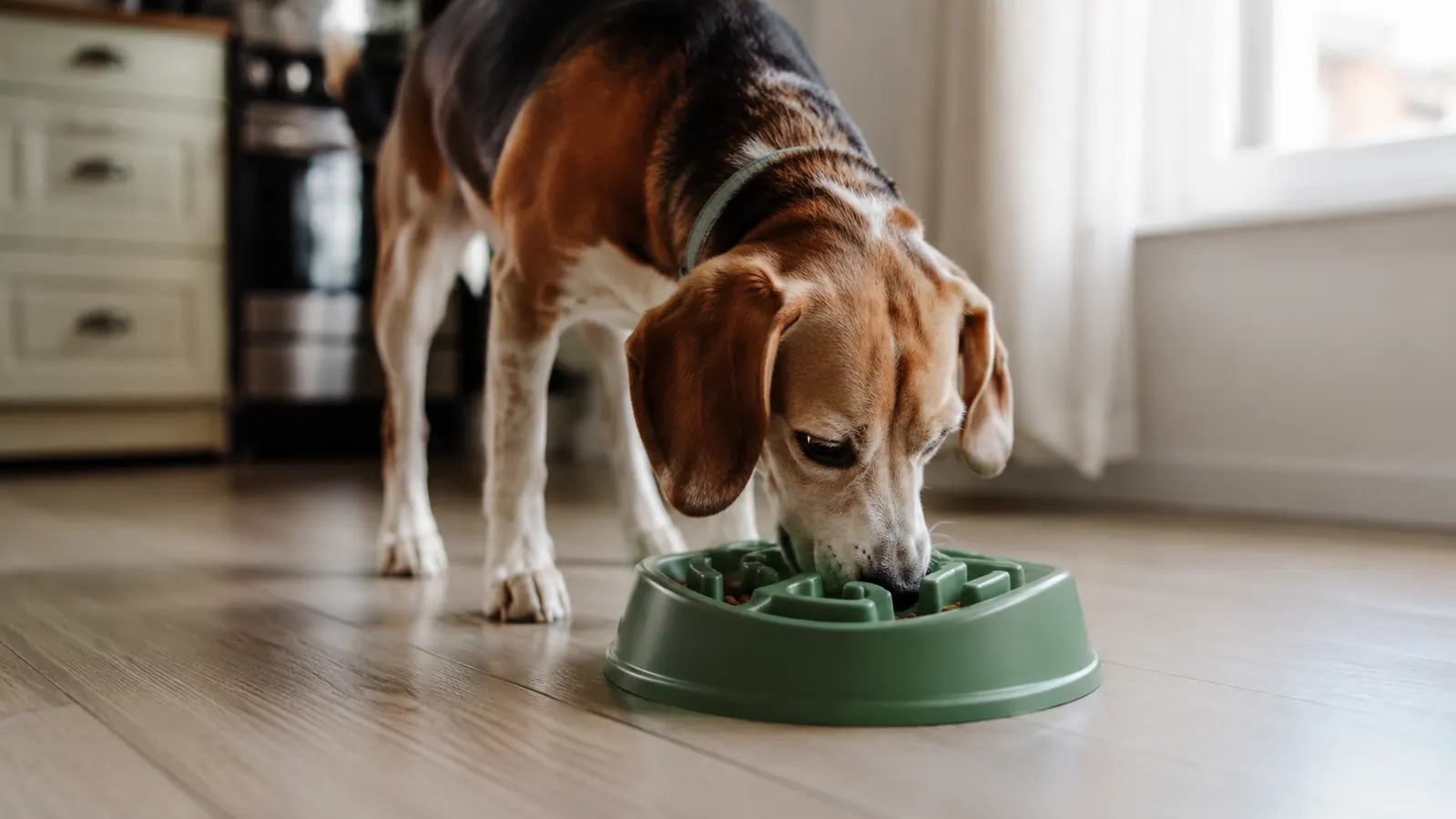 A Beagle eating from a maze-patterned slow feeder bowl on a kitchen floor, concentrating on working food out of the ridges