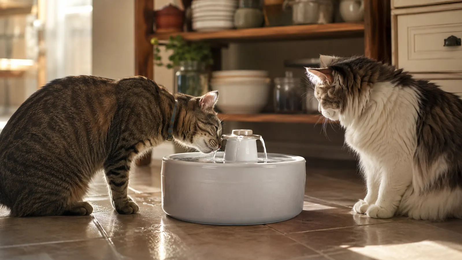 A cat sniffing the Veken fountain while another cat walks past, both in a kitchen setting