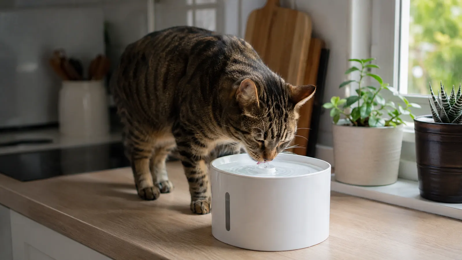 A cat drinking from a Veken pet fountain on a kitchen counter, water flowing gently over the mushroom-style spout