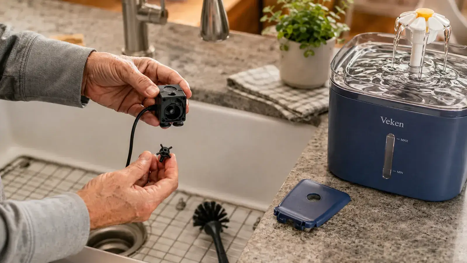 Hands disassembling the Veken fountain pump over a sink to show the internal components