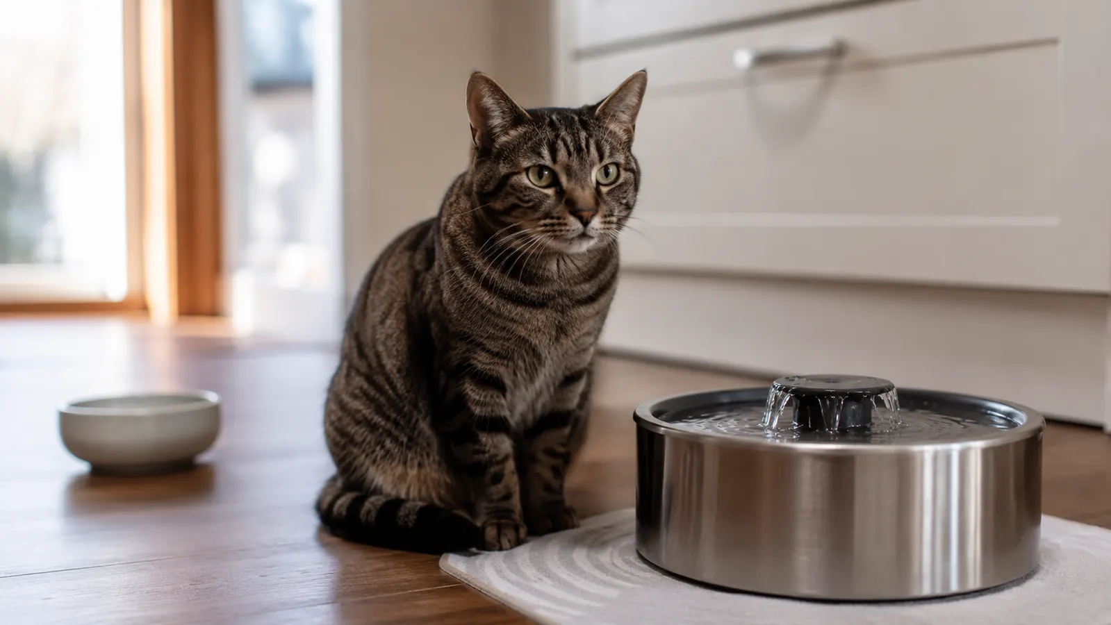 Cat sitting near the Veken fountain ignoring a standard ceramic water bowl placed beside it