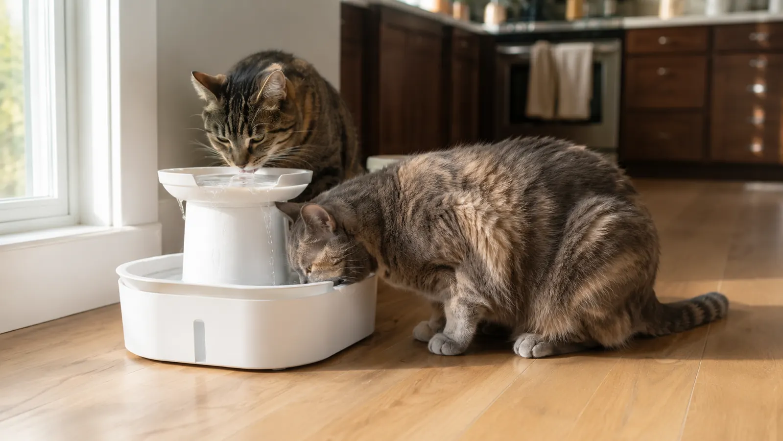 Veken pet fountain on a kitchen floor with two cats drinking from the stream and the tray