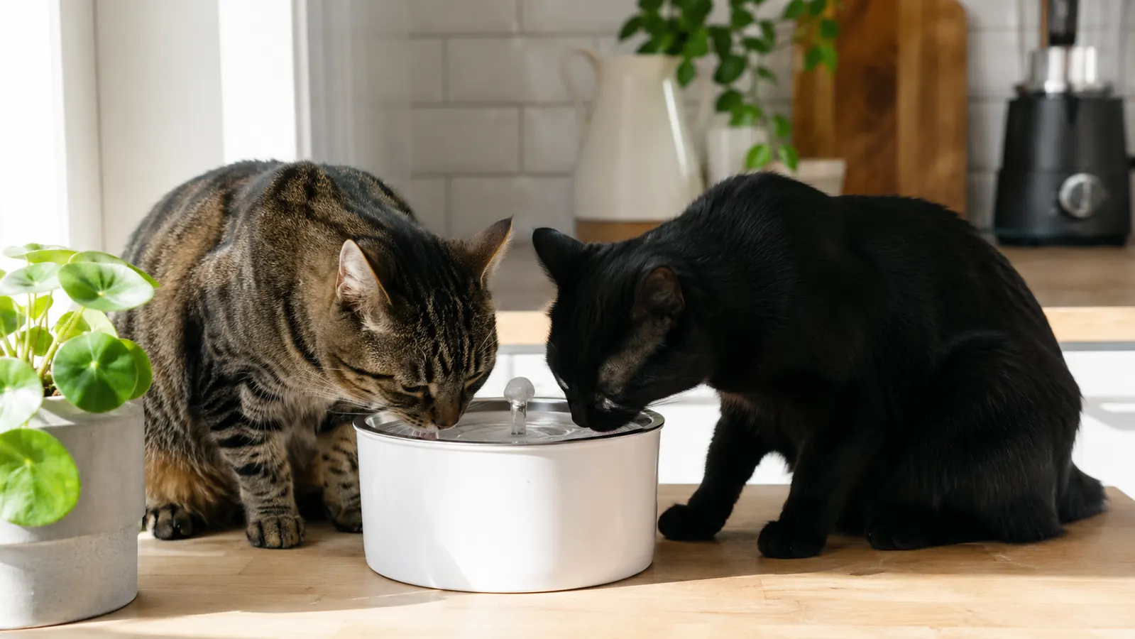 Two cats drinking from a Veken pet fountain on a kitchen countertop in morning light